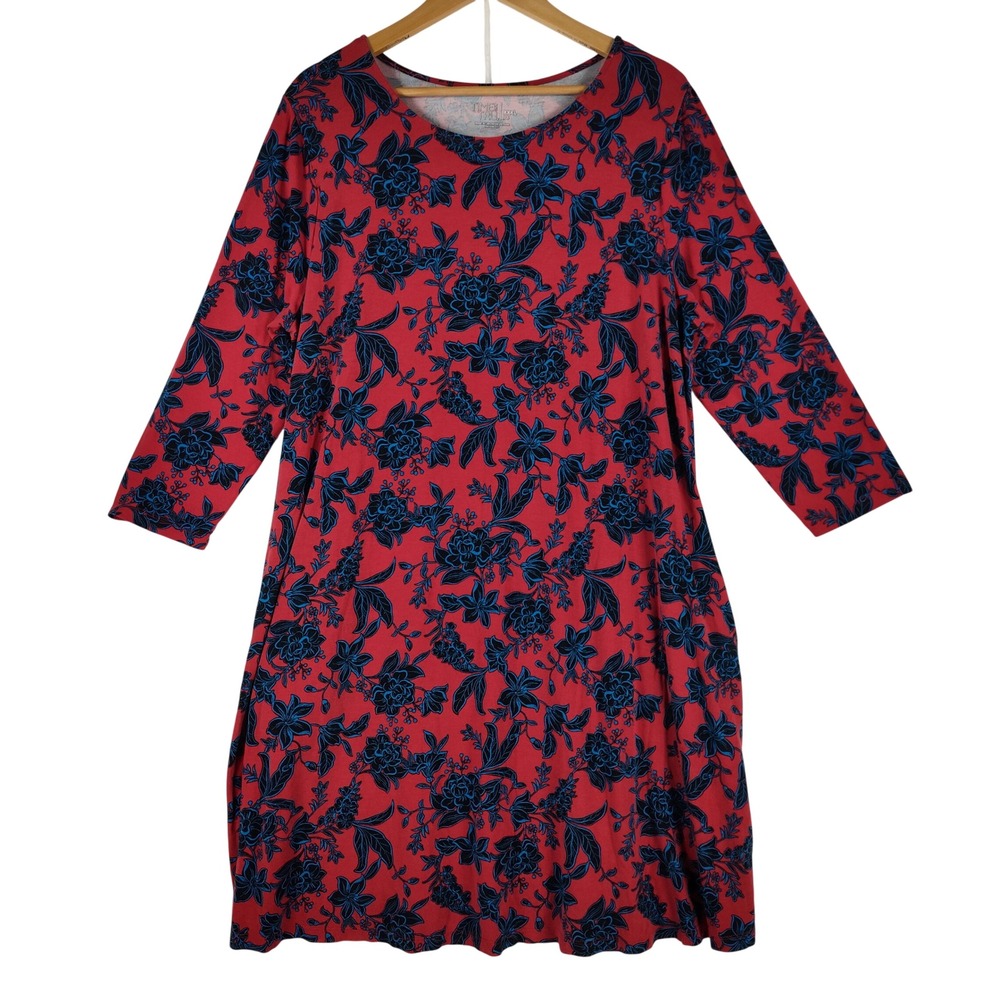 Time and Tru Womens XXXL 22 Red Blue Floral Long Sleeve Pocket T-Shirt Dress